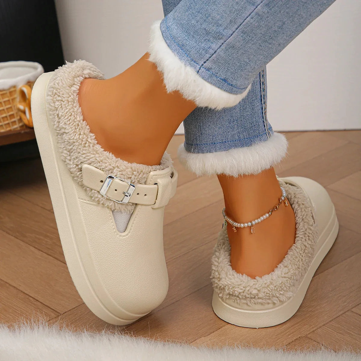 Aurelia Waterproof™ - Faux Fur Buckle Mules