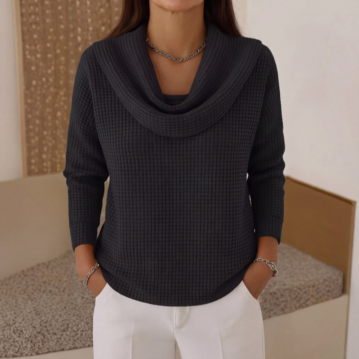 Amber™ – Warm Waffle Sweater with Elegant Waterfall Neckline