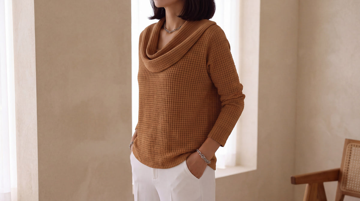 Amber™ – Warm Waffle Sweater with Elegant Waterfall Neckline