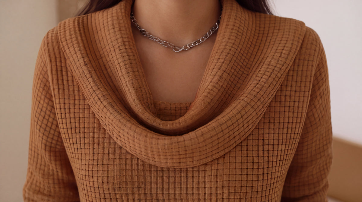 Amber™ – Warm Waffle Sweater with Elegant Waterfall Neckline