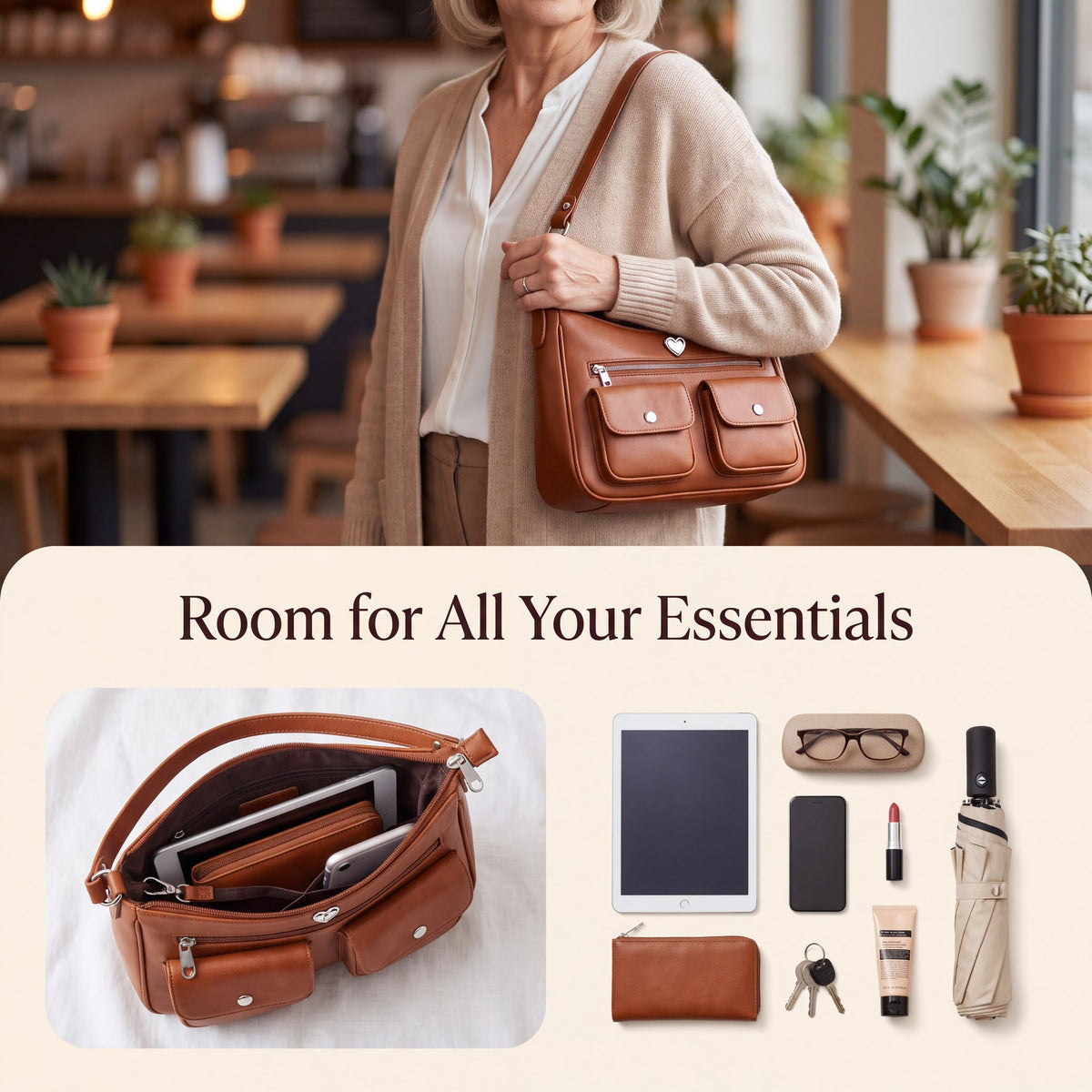 Women's Soft PU Leather Multi-Pocket Tote Bag