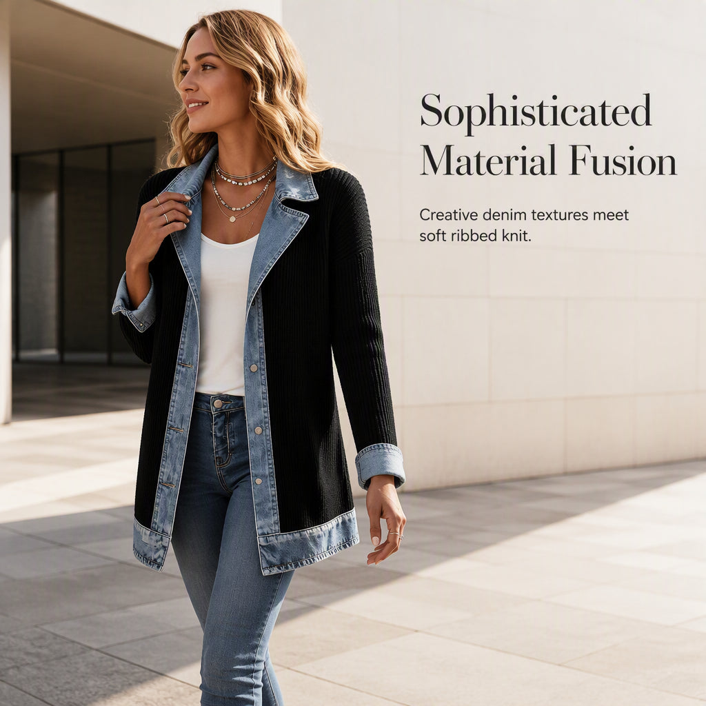 Cristine | Women’s Elegant Denim Spliced Ribbed Knit Coat