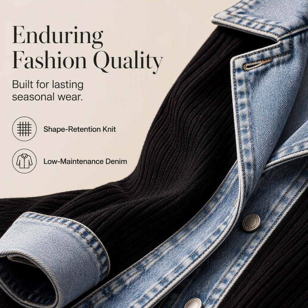 Cristine | Women’s Elegant Denim Spliced Ribbed Knit Coat