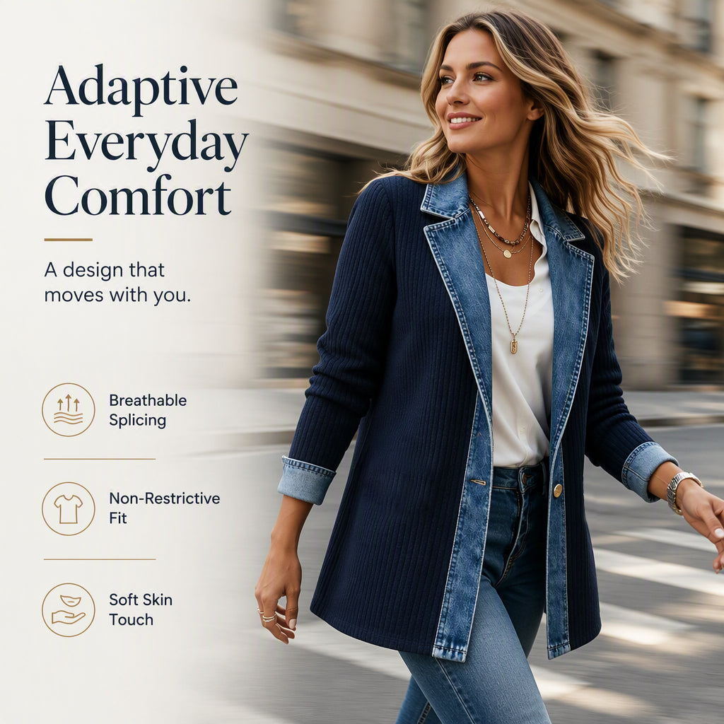 Cristine | Women’s Elegant Denim Spliced Ribbed Knit Coat