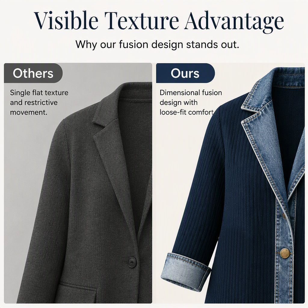 Cristine | Women’s Elegant Denim Spliced Ribbed Knit Coat