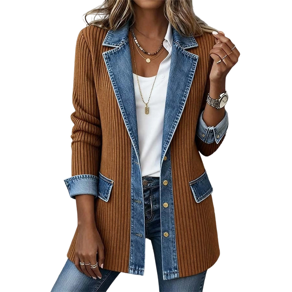 Cristine | Women’s Elegant Denim Spliced Ribbed Knit Coat
