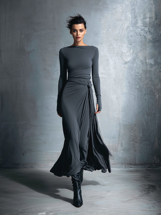 Camille™ Long-Sleeve Side-Tie Draped Maxi Dress for Women