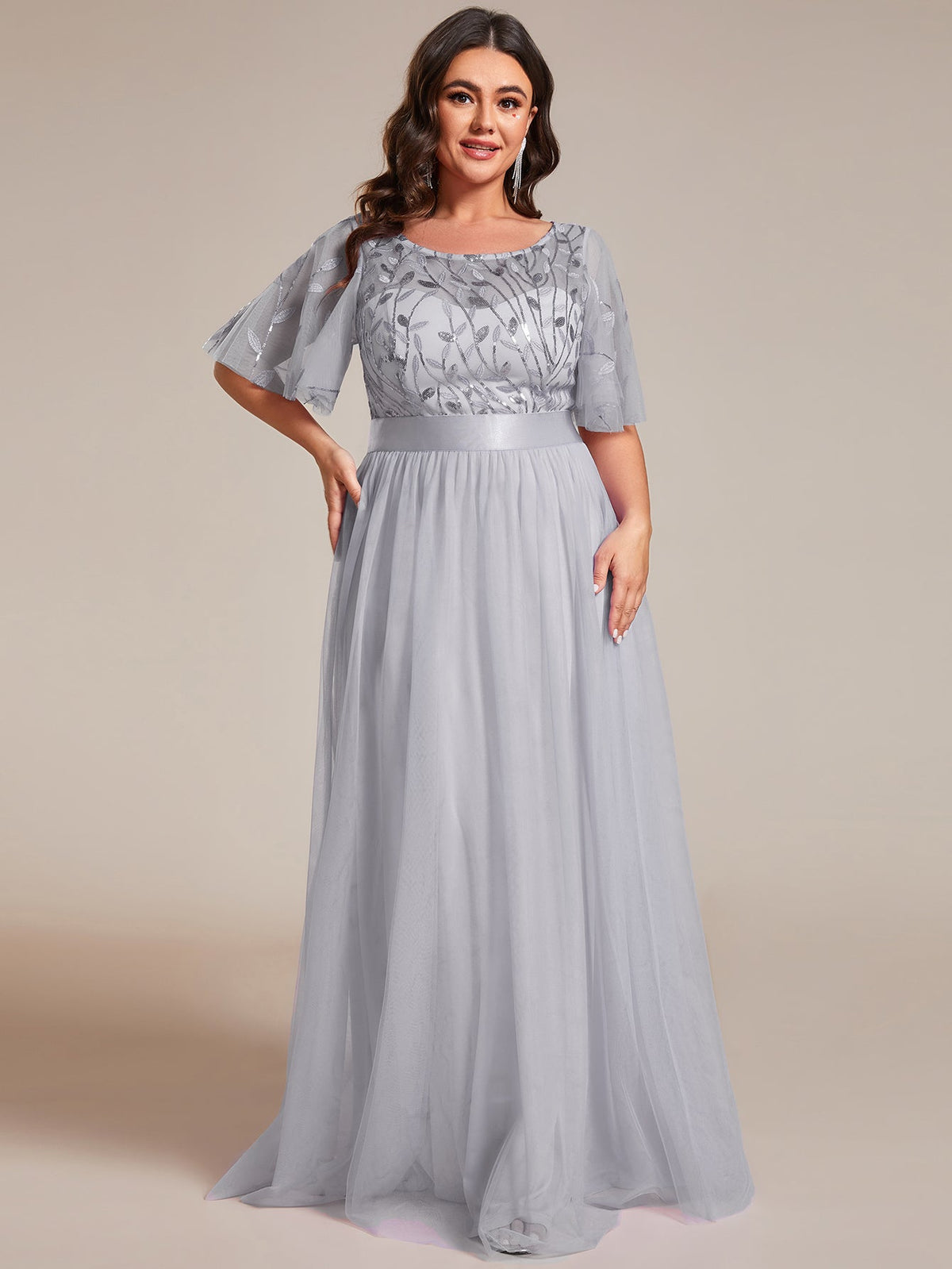Rosalie™ Embroidered A-Line Evening Dress with Short Sleeves — Plus Size