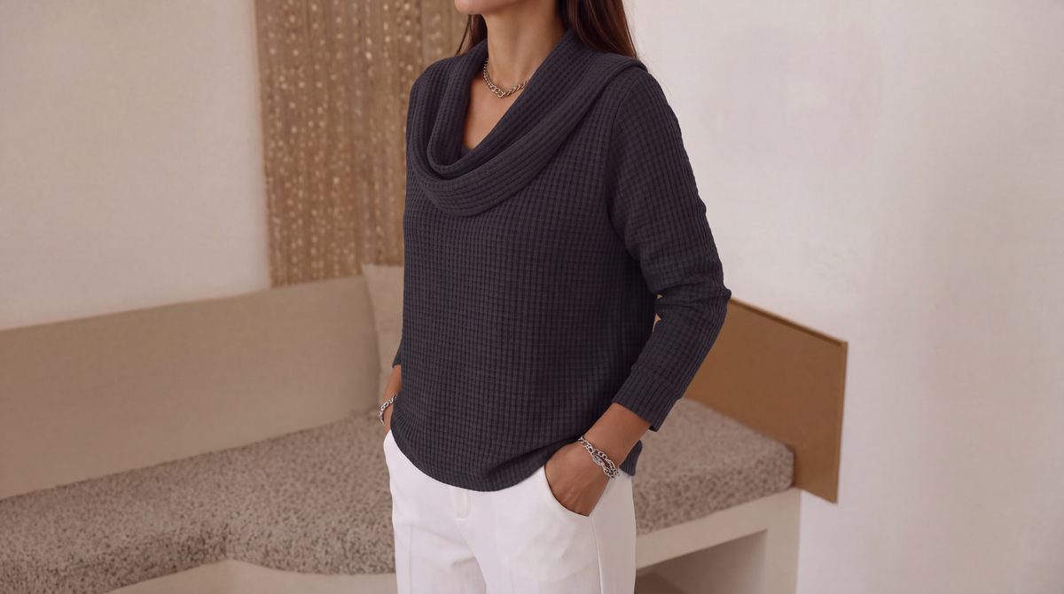 Amber™ – Warm Waffle Sweater with Elegant Waterfall Neckline