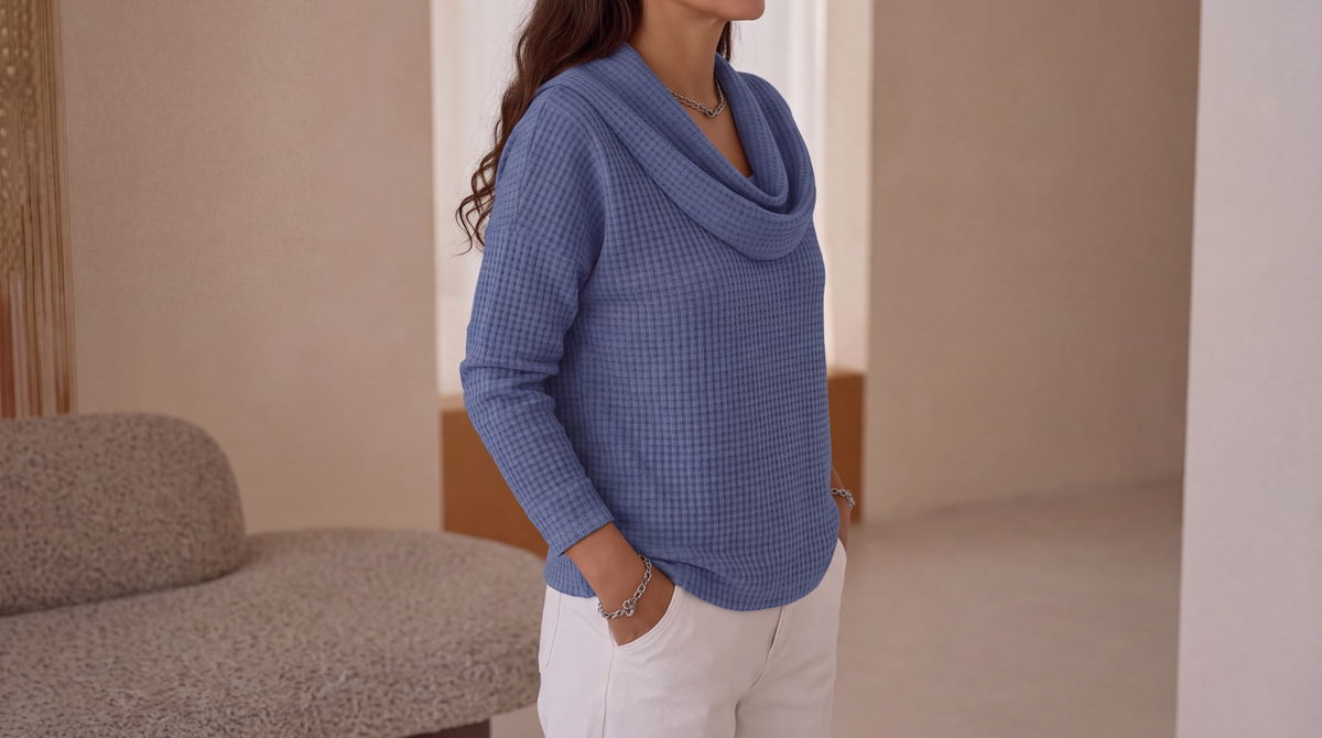 Amber™ – Warm Waffle Sweater with Elegant Waterfall Neckline
