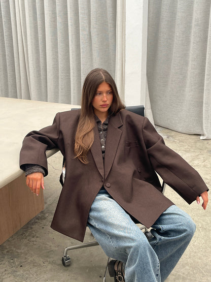 Oversized Side Slit Blazer Dark Brown