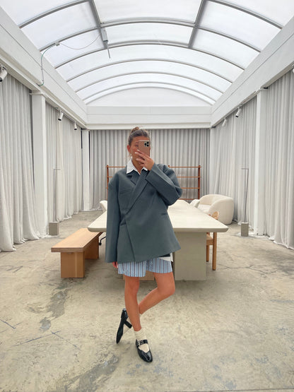Oversized Side Slit Blazer Steel Blue