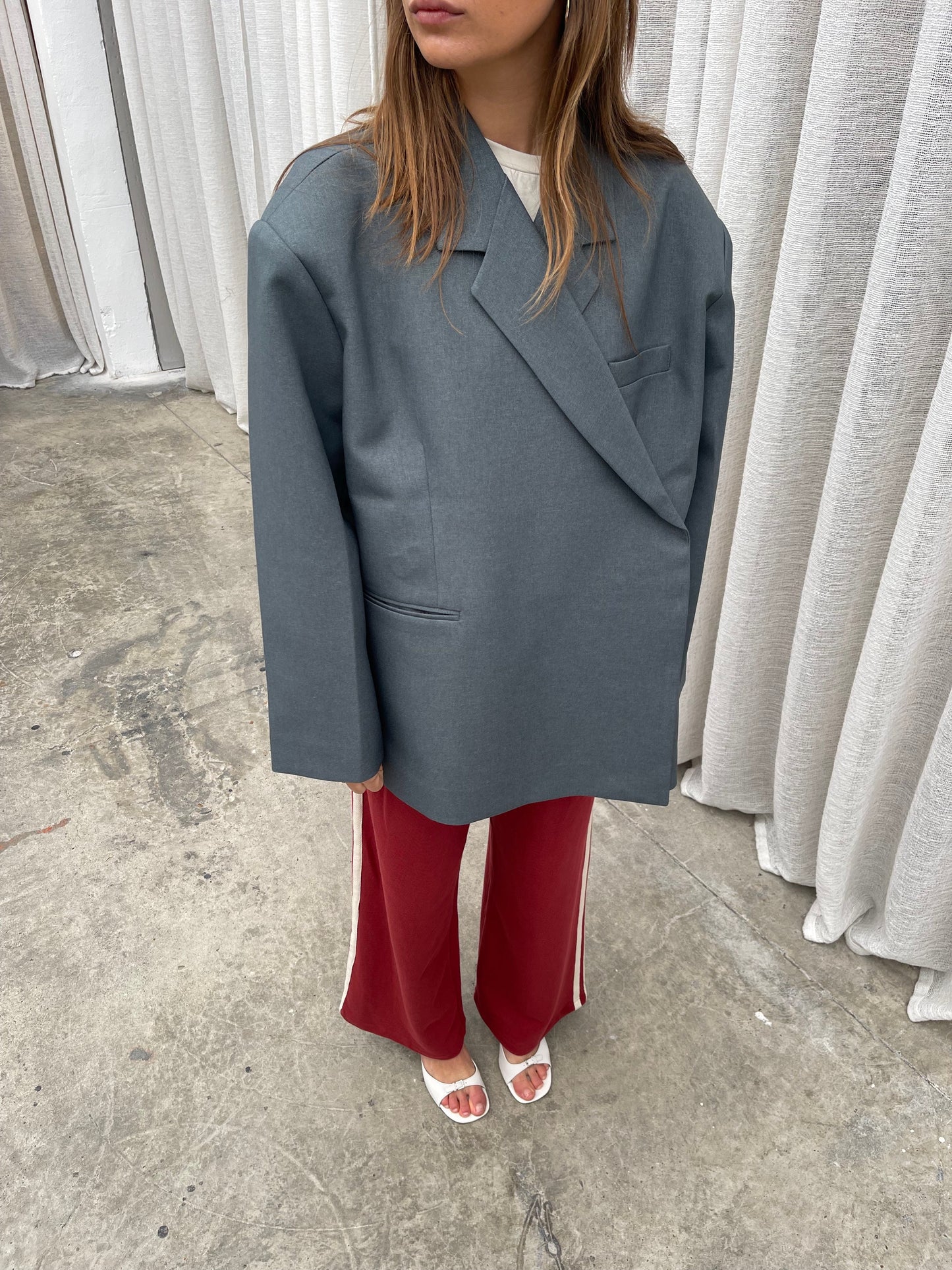 Oversized Side Slit Blazer Steel Blue