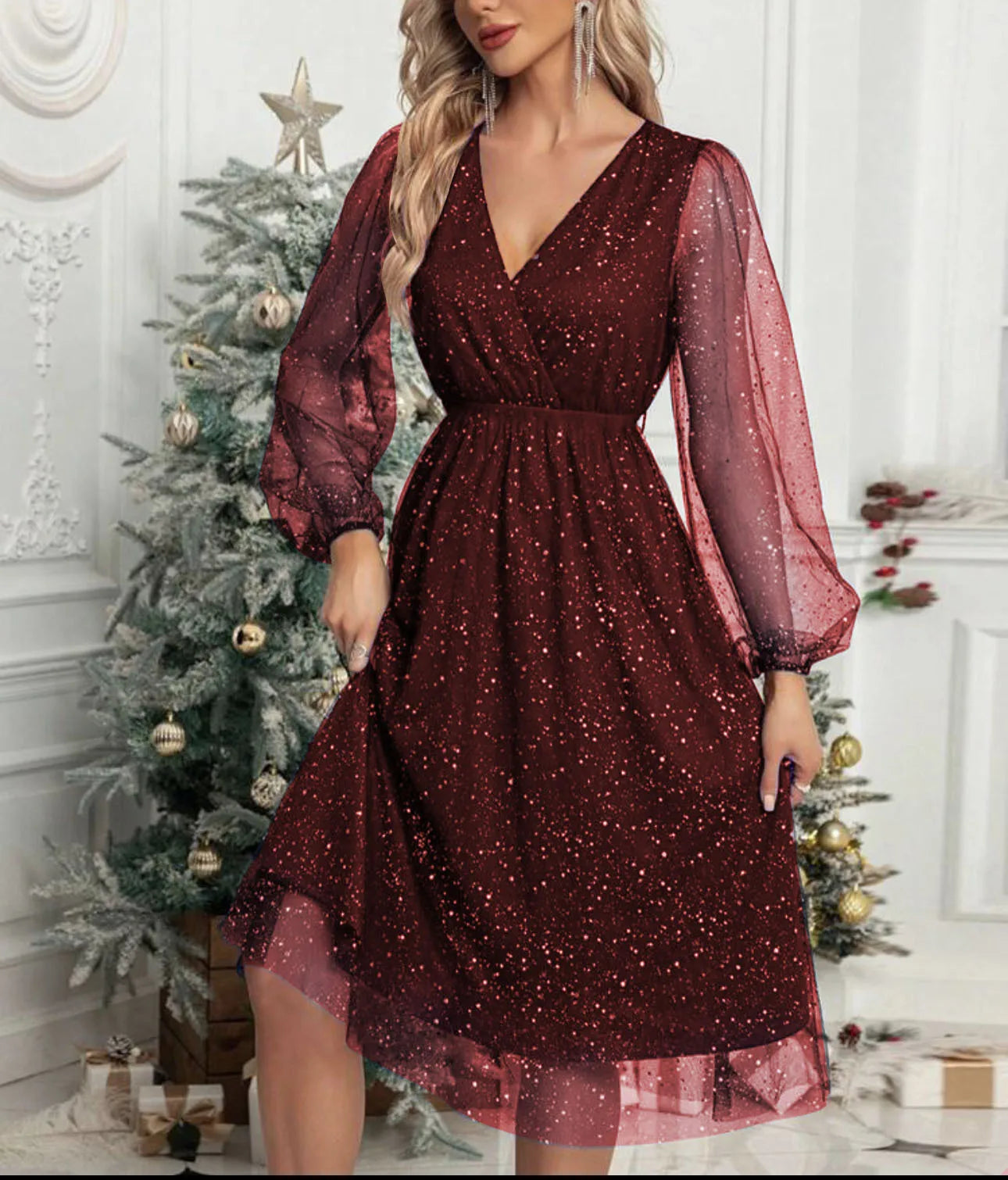 Mae Harper™ | Sparkling Mesh-Sleeve V-Neck Evening Dress
