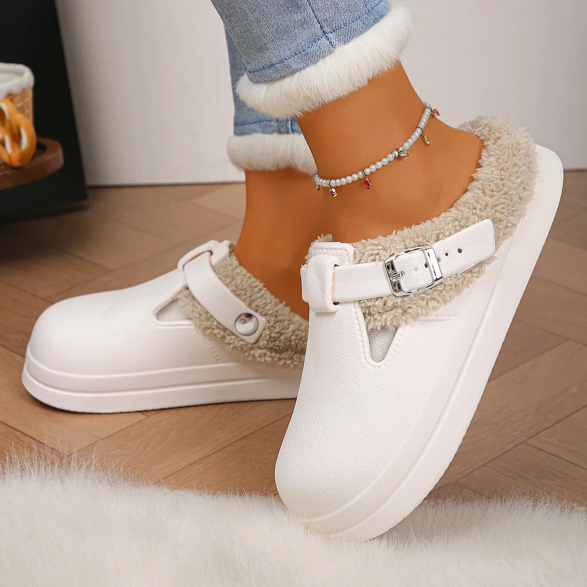 Aurelia Waterproof™ - Faux Fur Buckle Mules