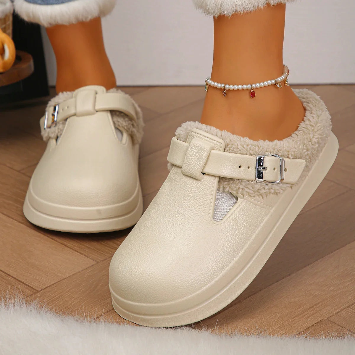 Aurelia Waterproof™ - Faux Fur Buckle Mules