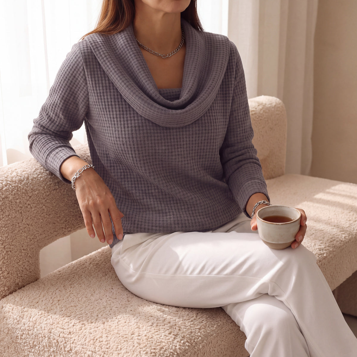 Amber™ – Warm Waffle Sweater with Elegant Waterfall Neckline