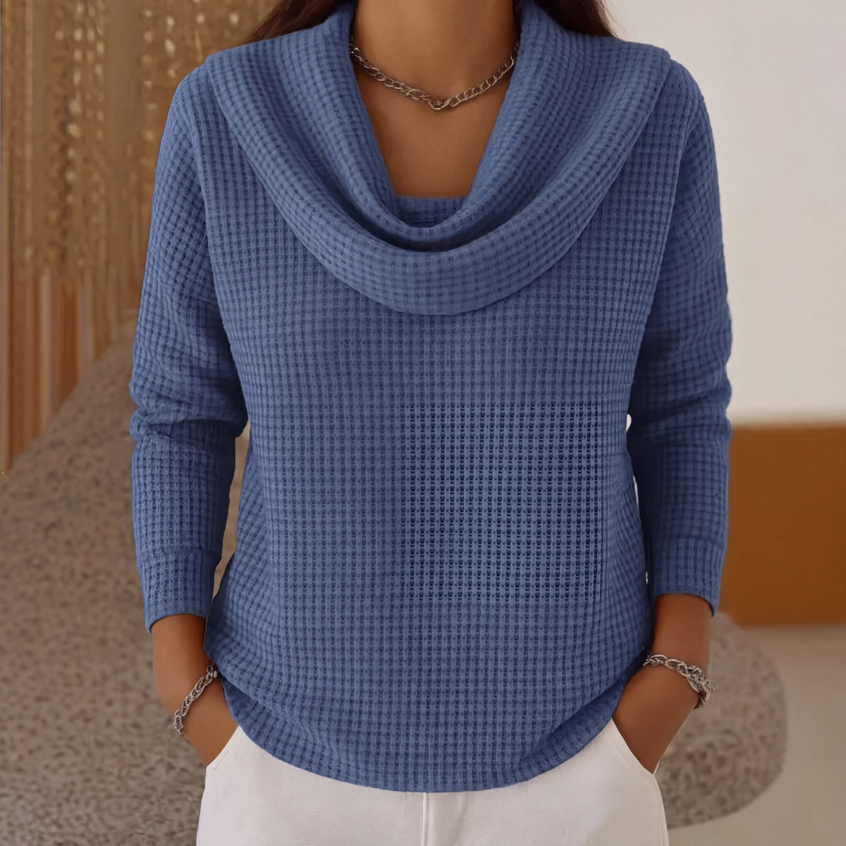 Amber™ – Warm Waffle Sweater with Elegant Waterfall Neckline
