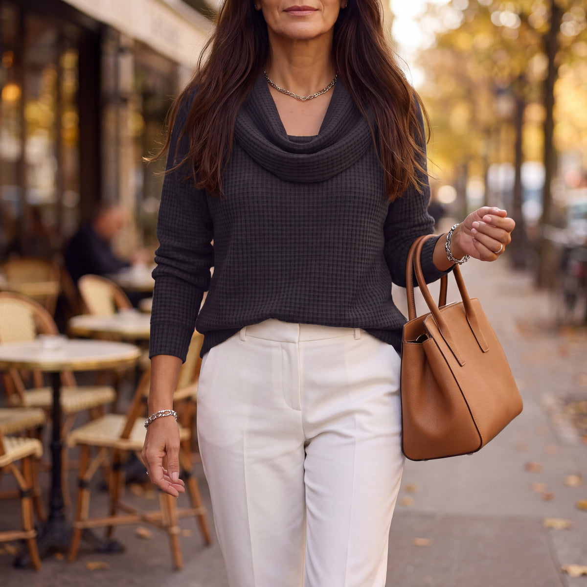 Amber™ – Warm Waffle Sweater with Elegant Waterfall Neckline