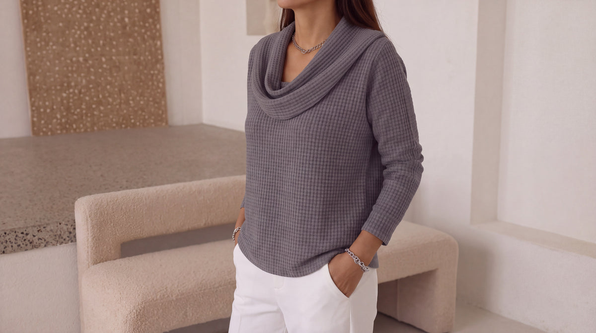 Amber™ – Warm Waffle Sweater with Elegant Waterfall Neckline