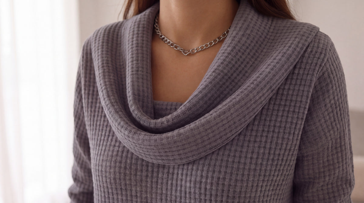 Amber™ – Warm Waffle Sweater with Elegant Waterfall Neckline