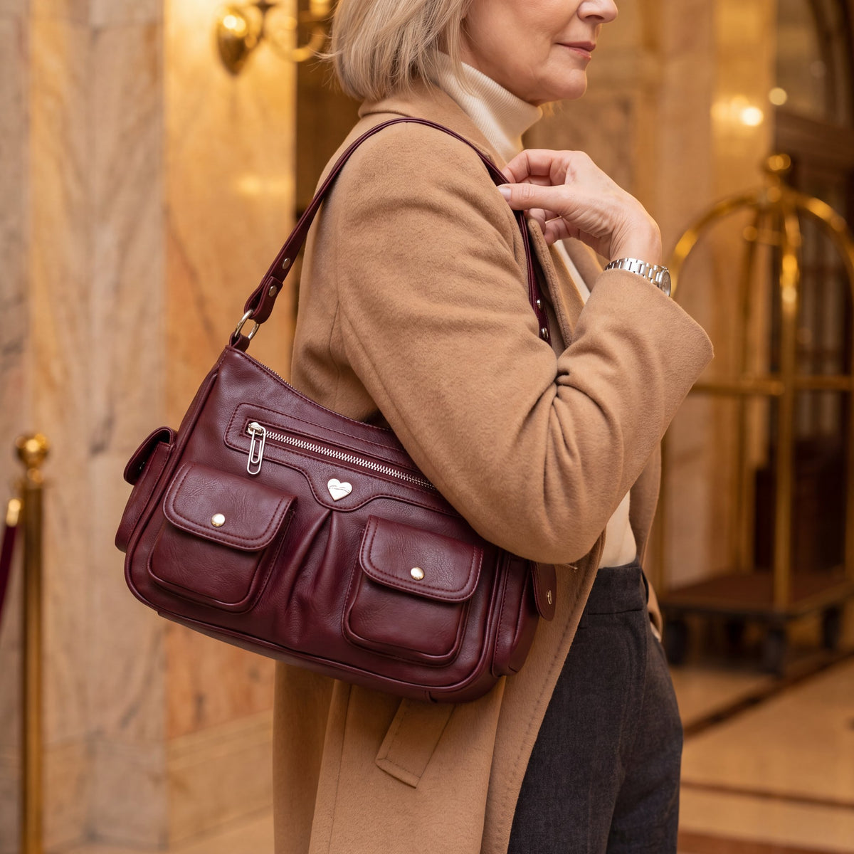 Women's Soft PU Leather Multi-Pocket Tote Bag