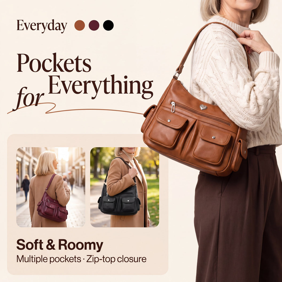 Women's Soft PU Leather Multi-Pocket Tote Bag