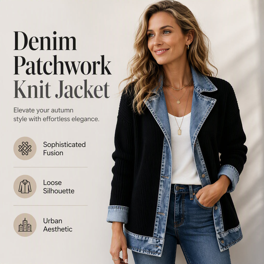 Cristine | Women’s Elegant Denim Spliced Ribbed Knit Coat