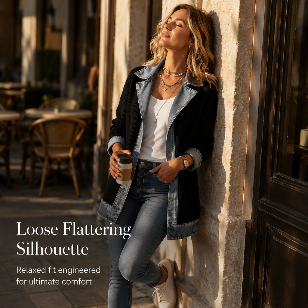 Cristine | Women’s Elegant Denim Spliced Ribbed Knit Coat