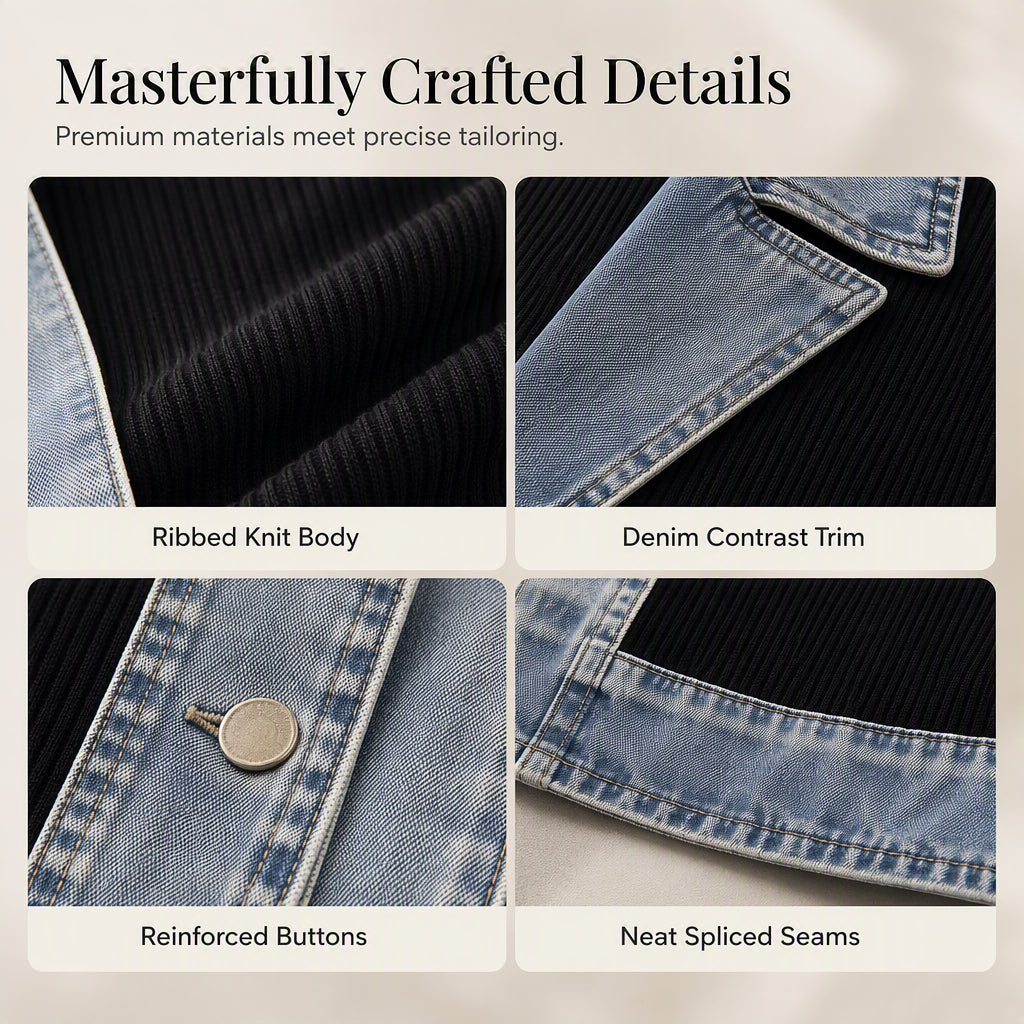 Cristine | Women’s Elegant Denim Spliced Ribbed Knit Coat