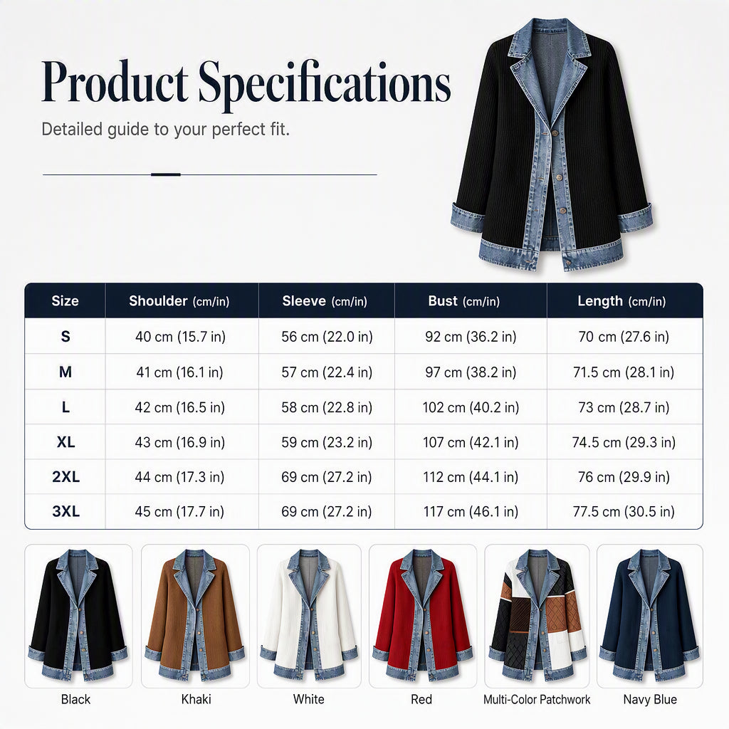 Cristine | Women’s Elegant Denim Spliced Ribbed Knit Coat
