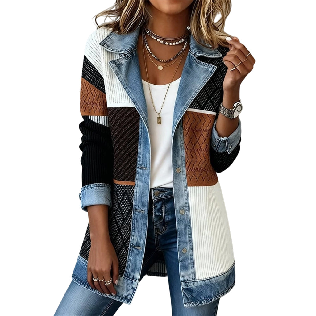 Cristine | Women’s Elegant Denim Spliced Ribbed Knit Coat