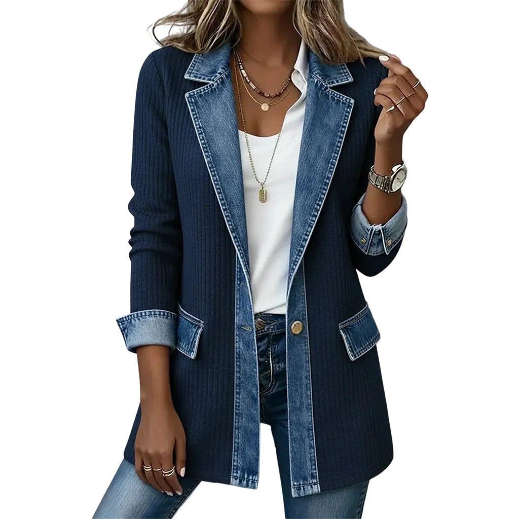 Cristine | Women’s Elegant Denim Spliced Ribbed Knit Coat