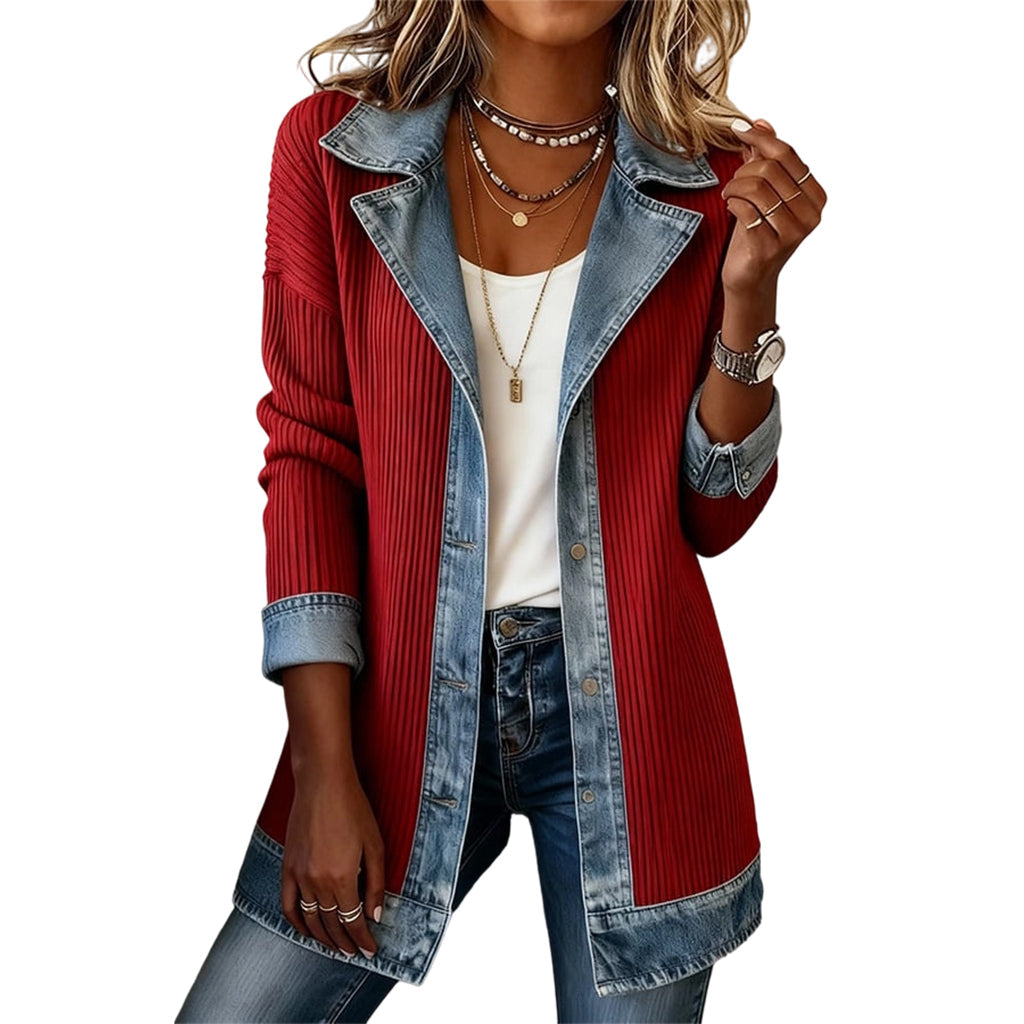 Cristine | Women’s Elegant Denim Spliced Ribbed Knit Coat