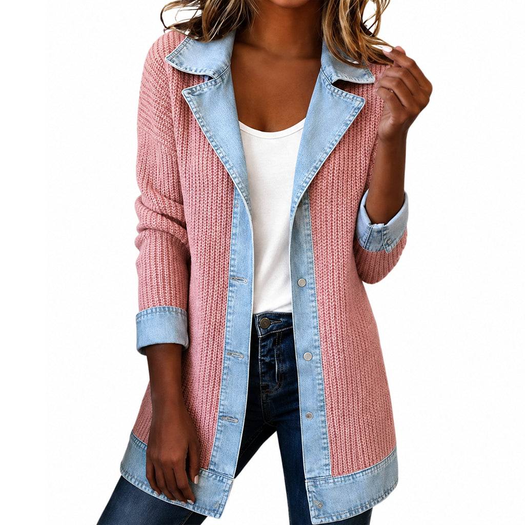 Cristine | Women’s Elegant Denim Spliced Ribbed Knit Coat